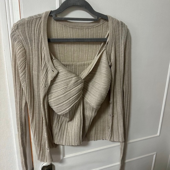 Ribbed Beige Cardigan and Top Set - Picture 1 of 2